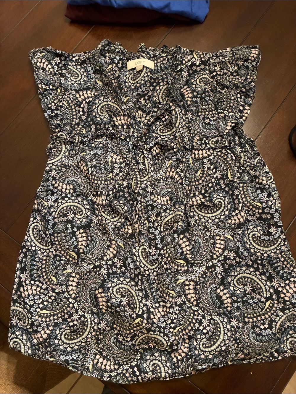 LOFT Navy Paisley Flutter-Sleeve Blouse